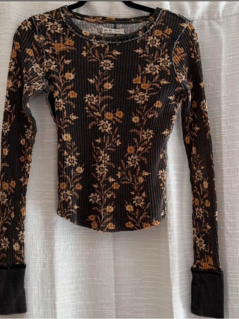 We The Free Black Floral Waffle Long-Sleeve Tee with Brown Flowers